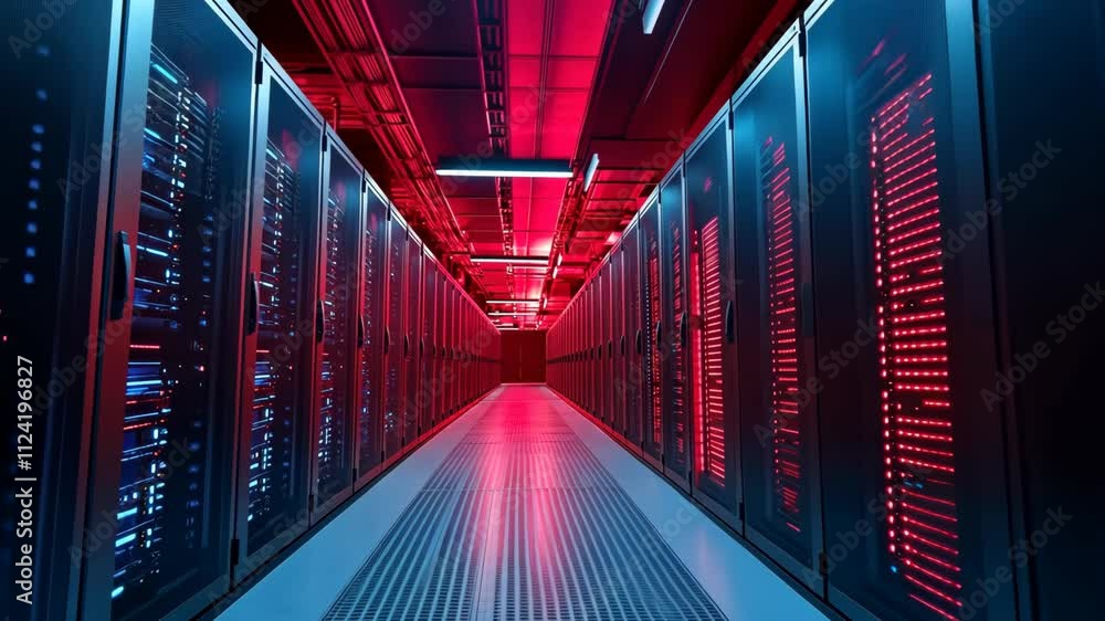 Poster illuminated server room data center corridor network technology hosting infrastructure