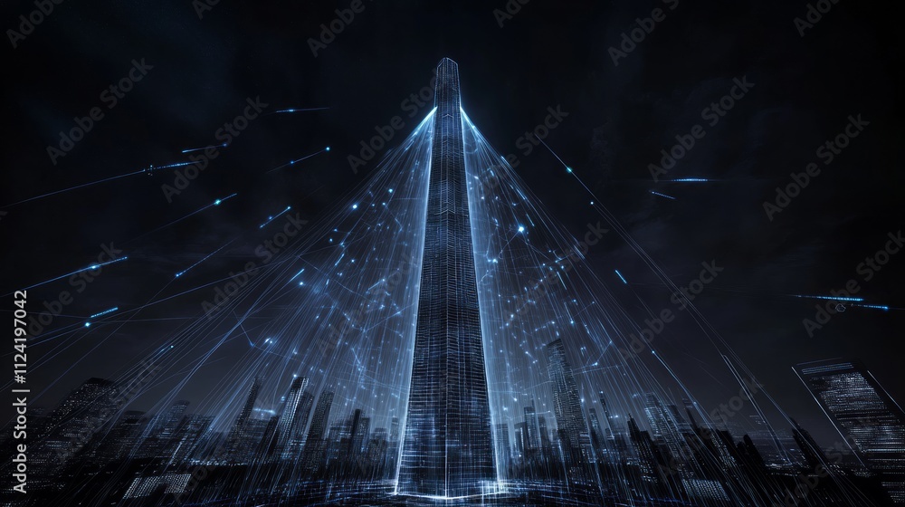 Aufkleber futuristic skyscraper at night, illuminated with digital data streams connecting to city.