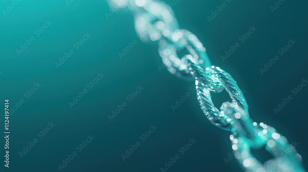 Poster close up of shimmering chain link, showcasing its intricate design and texture against soft turquois