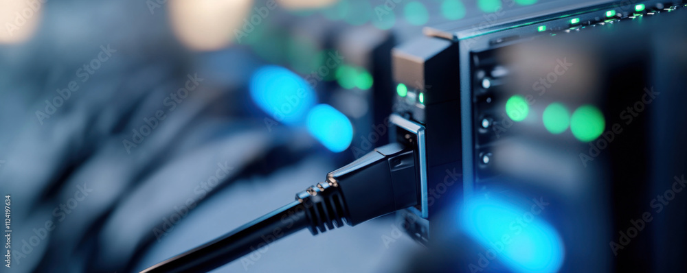 Poster high tech network equipment with glowing lights and connected cables. image showcases close up of se