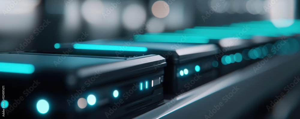 Poster futuristic battery packs with glowing blue lights in modern setting. these ai managed devices showca