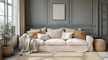Cozy living room with beige sofa, pillows, and natural light.