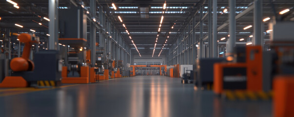 Fototapeta premium detailed industrial workshop featuring robotic machinery and equipment, showcasing spacious layout with orange accents and modern design elements
