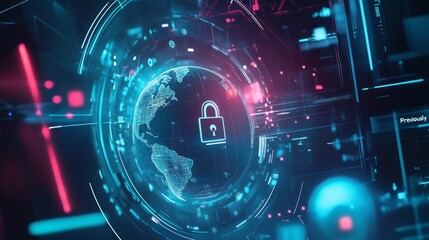 Fototapeta premium Global cybersecurity, digital security, data protection, network security, internet safety, world map, lock icon, digital, technology, futuristic, abstract, background.