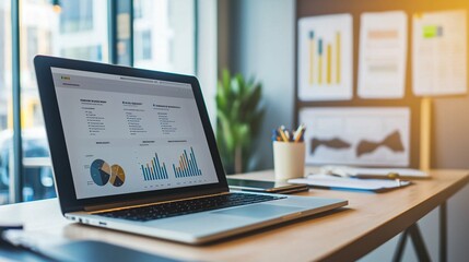 In a contemporary office, business presentation tools feature a modern laptop with captivating slides, complemented by a projector displaying vibrant charts and graphics.