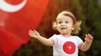 Portrait of cute baby girl with turkish flag in the background