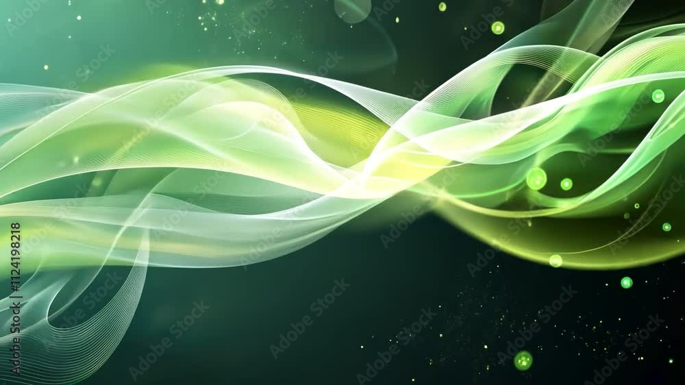 Poster celestial flow: abstract green and yellow waves dance across a dark background, creating a mesmerizi