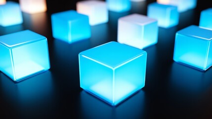 Obraz premium Glowing blue and white cubes on dark background.