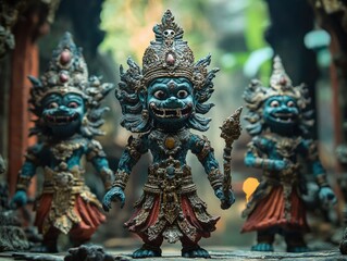 Fototapeta premium Thai warrior statues in diorama setting, mythological cultural statues, handcrafted art display