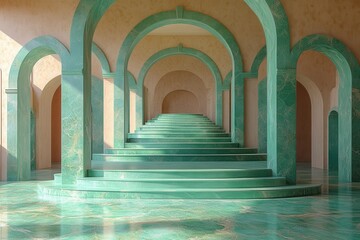 Obraz premium A serene interior featuring green marble stairs and arches, creating a tranquil atmosphere.