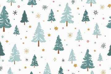 Obraz premium A cozy snow-themed Christmas pattern showcasing intricate snowflakes, soft winter tones, and snowy trees for a warm, festive design..