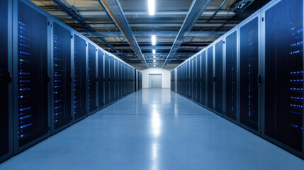 Futuristic underground data center with illuminated server racks, showcasing advanced technology and sleek design. atmosphere is high tech and modern