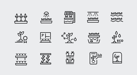 Urban farming icons. Set of 15 urban farming trendy minimal icons. Seedling, watering, home cultivation, vertical farming. Design signs for web page, mobile app, packaging design. Vector illustration.