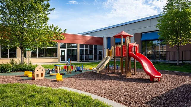 Colorful playground outside a daycare center with kids' play equipment.