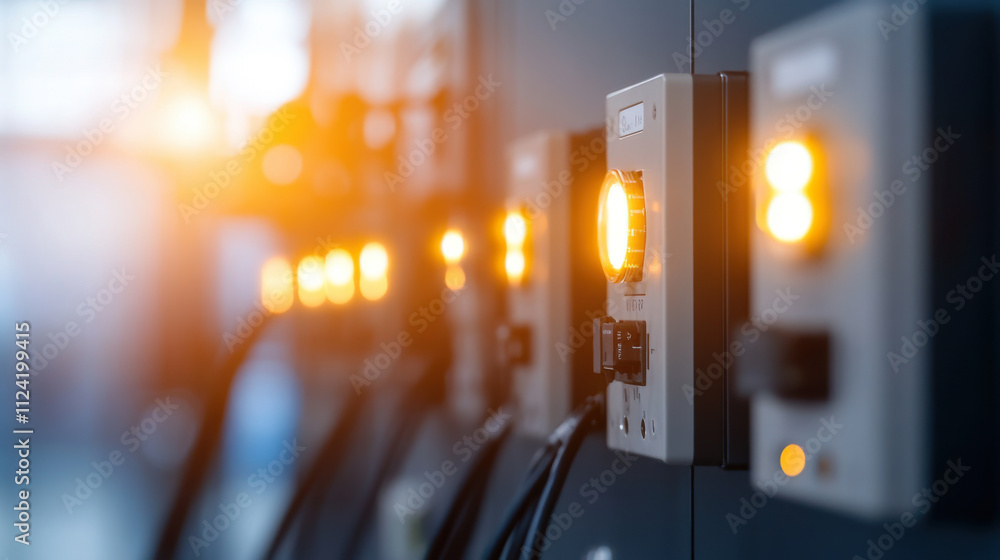 Aufkleber high resolution close up of illuminated power switchboard with orange lights. image captures intrica
