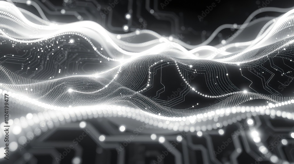 Poster abstract representation of digital circuits and waves, symbolizing technology and connectivity.