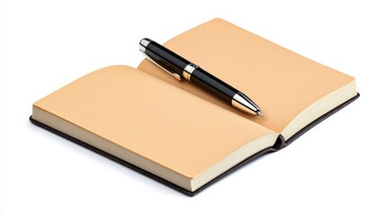 Open Notebook with Pen on White Background