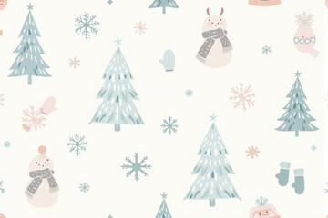A cozy snow-themed Christmas pattern showcasing intricate snowflakes, soft winter tones, and snowy trees for a warm, festive design..