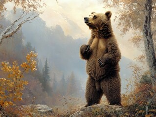 A bear standing on its hind legs, surveying its territory in the wilderness