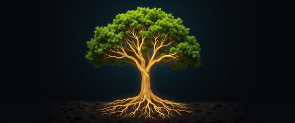 Glowing tree of life with illuminated roots against dark background