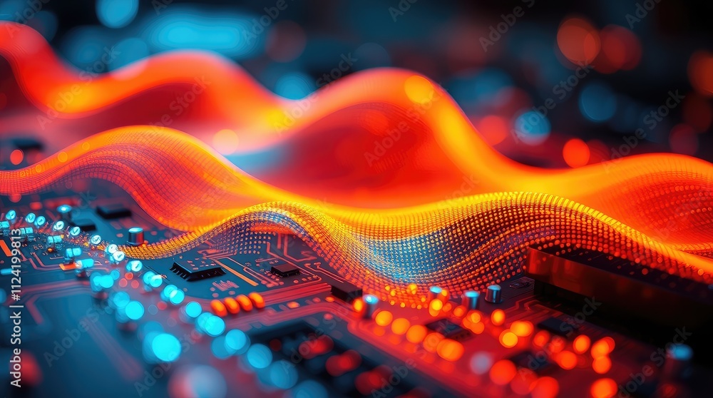 Aufkleber abstract representation of technology with glowing waves on a circuit board.