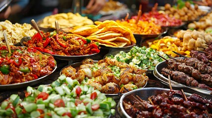 Obraz premium A stunning display of global street food delicacies like tacos, dim sum, and kebabs, elegantly arranged against a clean white background.