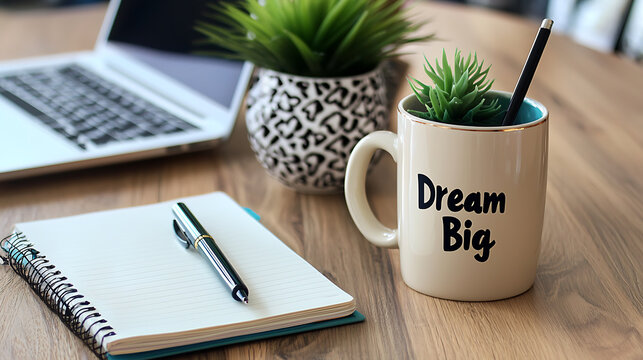 A laptop, a pen, and a mug with the words "dream big" written on it