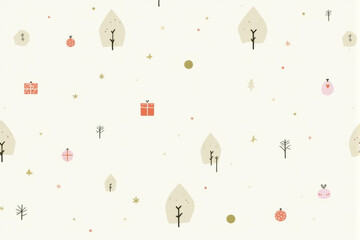 Naklejka premium A winter-themed Christmas pattern featuring snow-covered trees, mittens, scarves, and cozy seasonal accessories in soft pastel hues..