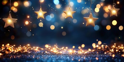 Obraz premium Dark Blue Background with Glittering Golden Stars and Bokeh Effects, Ideal for Holiday and Celestial Themes in Stock Photography