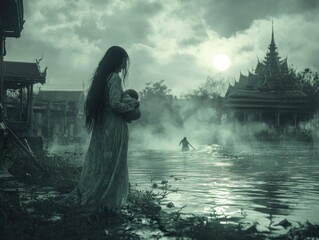 Ghostly Mae Nak with baby, Thai folklore spirit, eerie Phra Khanong canal setting