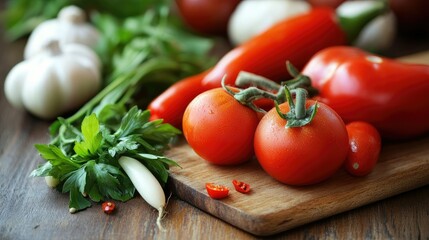 Fresh tomatoes, peppers, garlic, parsley, and radish on a wooden cutting board.