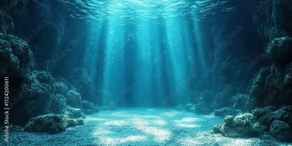 Poster sunlight filtering through calm underwater scene with rays and texture on ocean floor in a serene aq