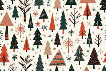 Obraz premium A detailed Christmas tree pattern featuring evergreen pines, decorated garlands, and shining stars in a seamless holiday layout..