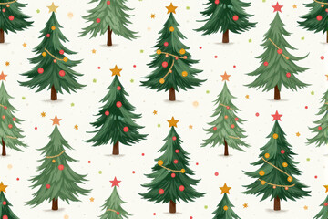 Obraz premium A detailed Christmas tree pattern featuring evergreen pines, decorated garlands, and shining stars in a seamless holiday layout..