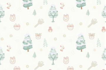 Fototapeta premium A cozy snow-themed Christmas pattern showcasing intricate snowflakes, soft winter tones, and snowy trees for a warm, festive design..