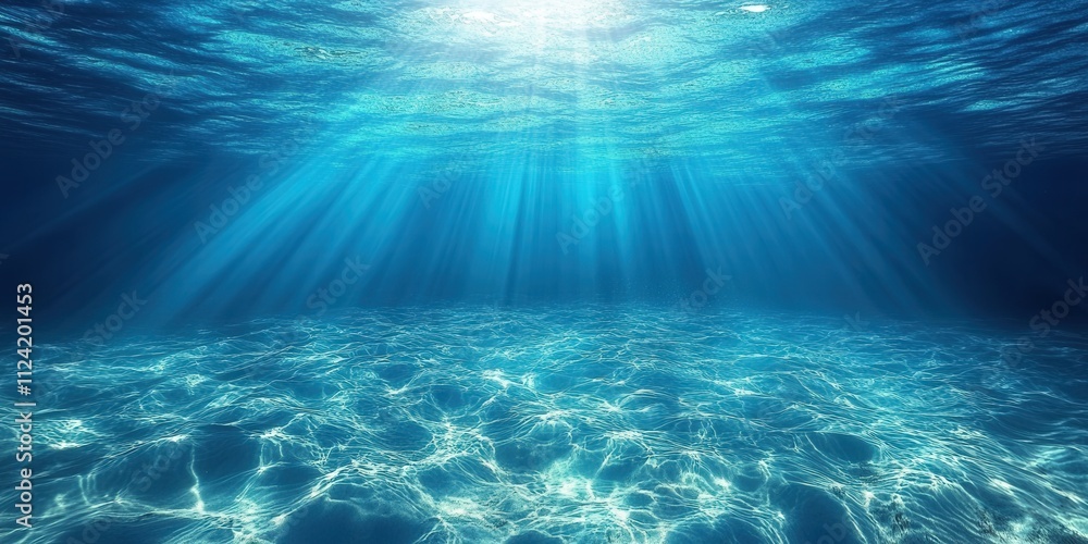 Poster underwater view of the ocean floor illuminated by sunlight filtering through water for a serene and 