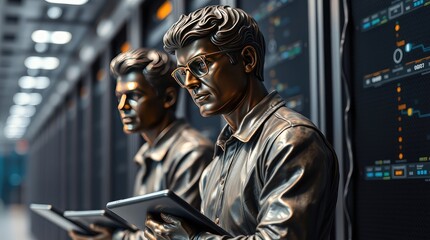 Bronze statues of men with tablets in a server room, symbolizing technology and innovation.