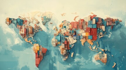 Global shipping and logistics network visualized as a world map made of cargo containers.