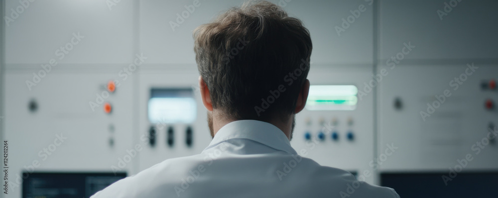Poster grid operator monitoring power outage scenario in control room, focused on screens and controls, ens