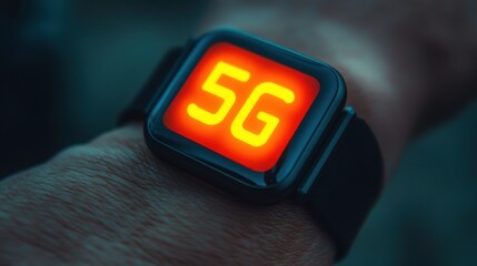 5G technology and expansion, A close-up of a smartwatch displaying a bright "5G" symbol, representing advanced connectivity and technology on a person's wrist.