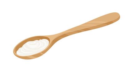 Sour cream or yoghurt in wooden spoon isolated on white background. Vector cartoon flat illustration.