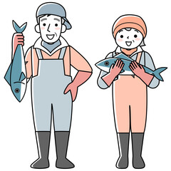 漁業に従事するシニア女性とシニア男性