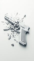 Broken white handgun on light background with cracked pieces