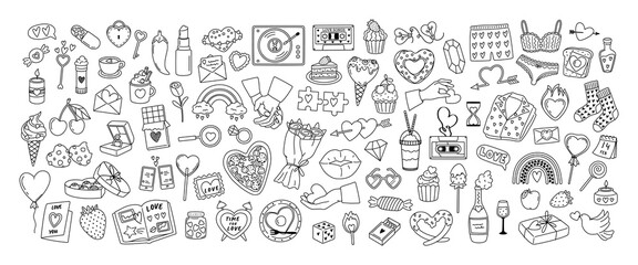 Big outline vector set stickers of Valentine's Day and Love. Line art design concept of romantic elements and symbols. Doodle pack for coloring book, scrapbooking, print. Hand drawn illustration