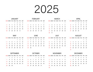 calendar for 2025. simple minimal style calendar. transparent png and vector illustration.