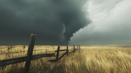 A tornado forming over a prairie with a small, broken fence in the foreground