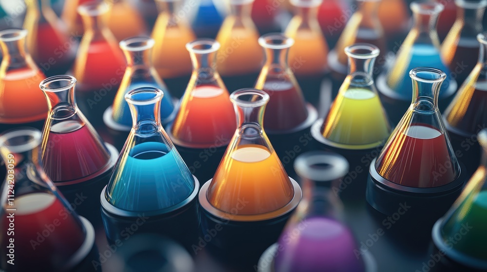 Aufkleber laboratory flasks and beakers filled with colored liquids arranged in rows.