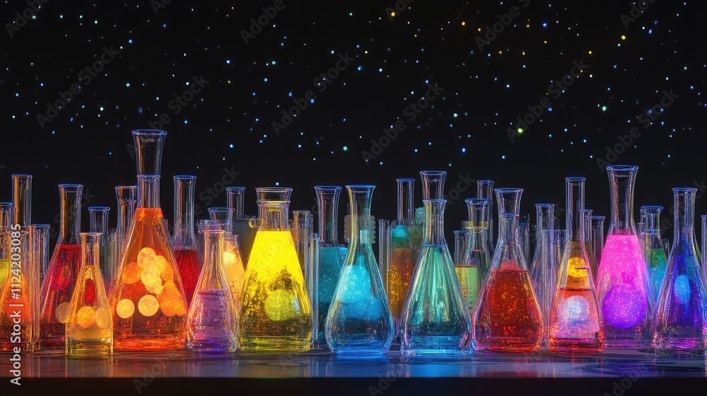 Aufkleber laboratory flasks and beakers filled with colored liquids arranged in rows.