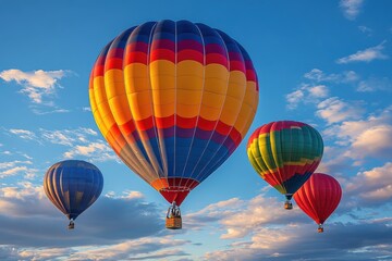 Fototapeta premium Colorful hot air balloons soaring against a blue sky with clouds.