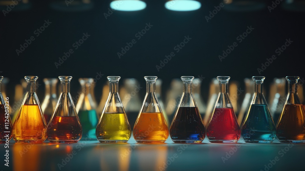 Aufkleber laboratory flasks and beakers filled with colored liquids arranged in rows.
